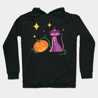 Spooky and Cute Halloween Witch Cat and Pumpkin in Mid-Century Style Hoodie